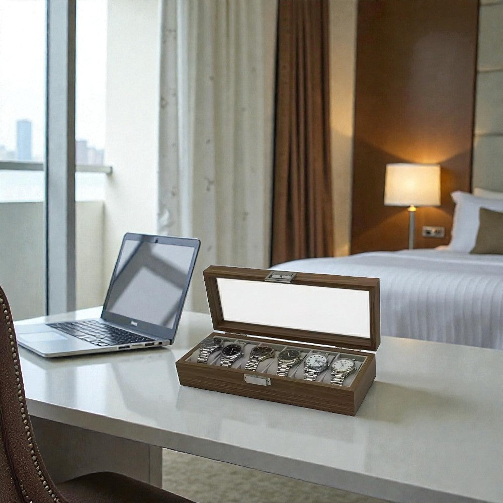 Coffret Rangement Montre 6 Compartiments Bois