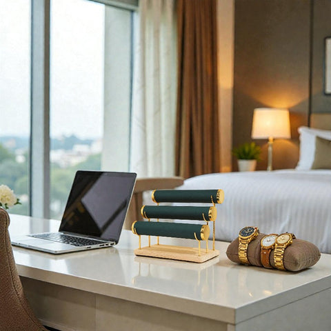 Présentoir de Montre en Velours à 3 Couches avec Base en Bois