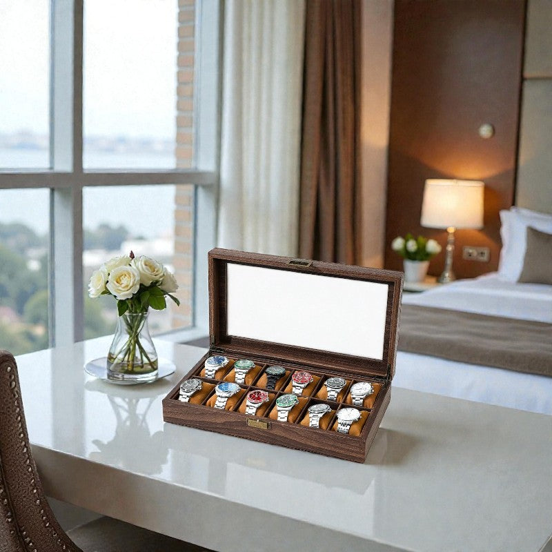 Coffret Rangement Montres Cuir Vitrine Verre